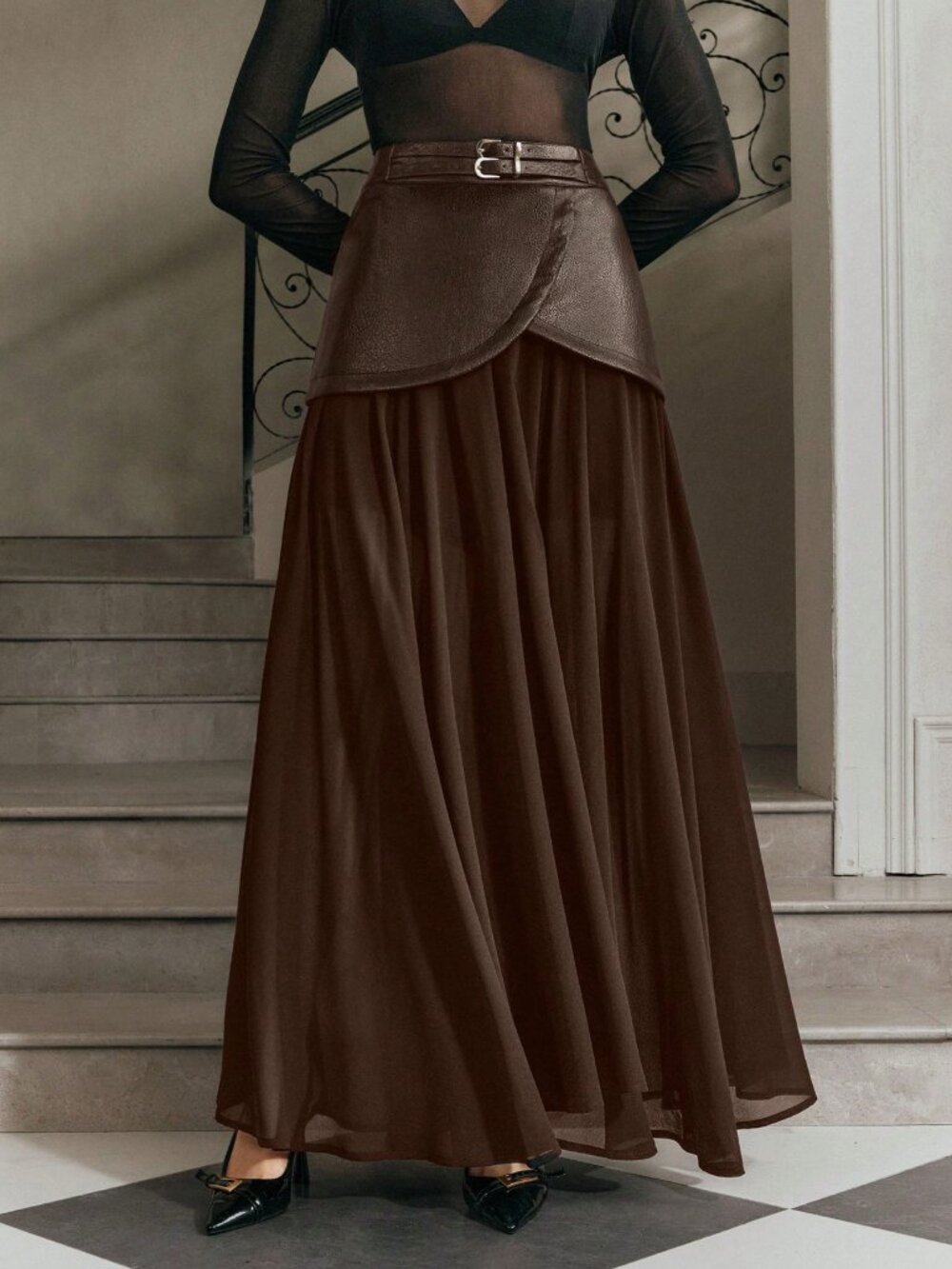 Rust Brown Casual Women's Chiffon Patchwork Double Belt Maxi Skirt - Picture 4 of 7